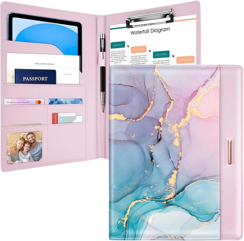 WAVEYU Padfolio/Resume Portfolio Folder for Women Men, Cute Chic Padfolio Cover Folder, Conference/Legal Document Organizer with Letter/A4 Size Clipboard, Document Sleeve, Pink+Blue Gold - Image 1